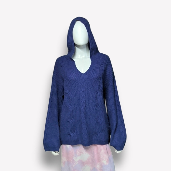 Kikit Hooded V-Neck Knit Sweater in Blue, XL - Picture 5 of 5